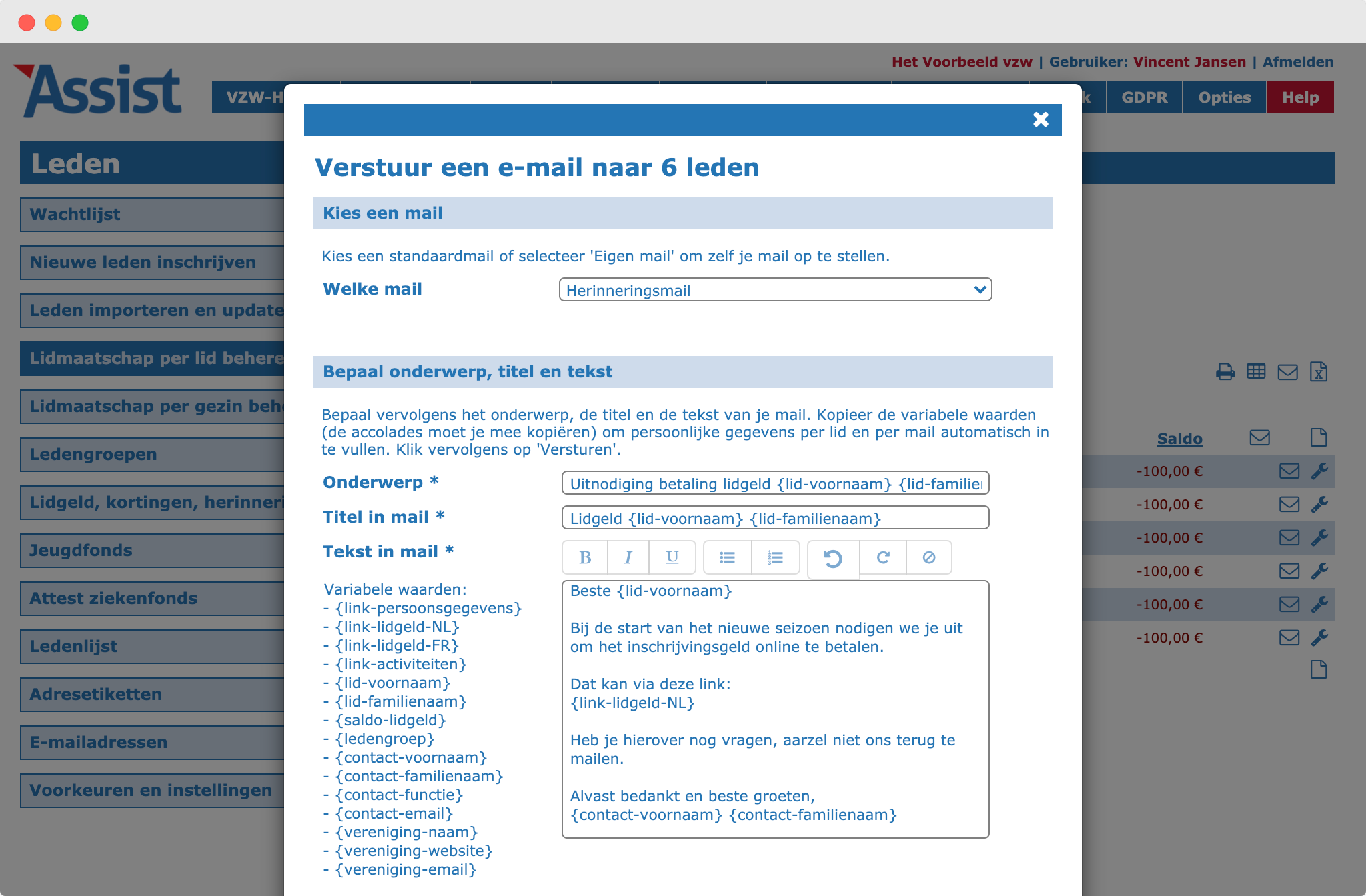 Leden filteren en mailen